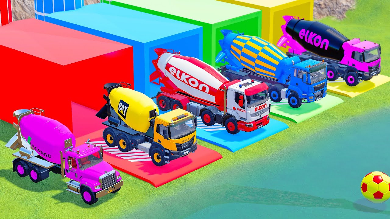 TRANSPORTING ALL COLOR MIXER TRUCK WITH MAN FLATBED TRAILER TRUCK, MERCEDES, SCANIA, KENWORTH - FS22