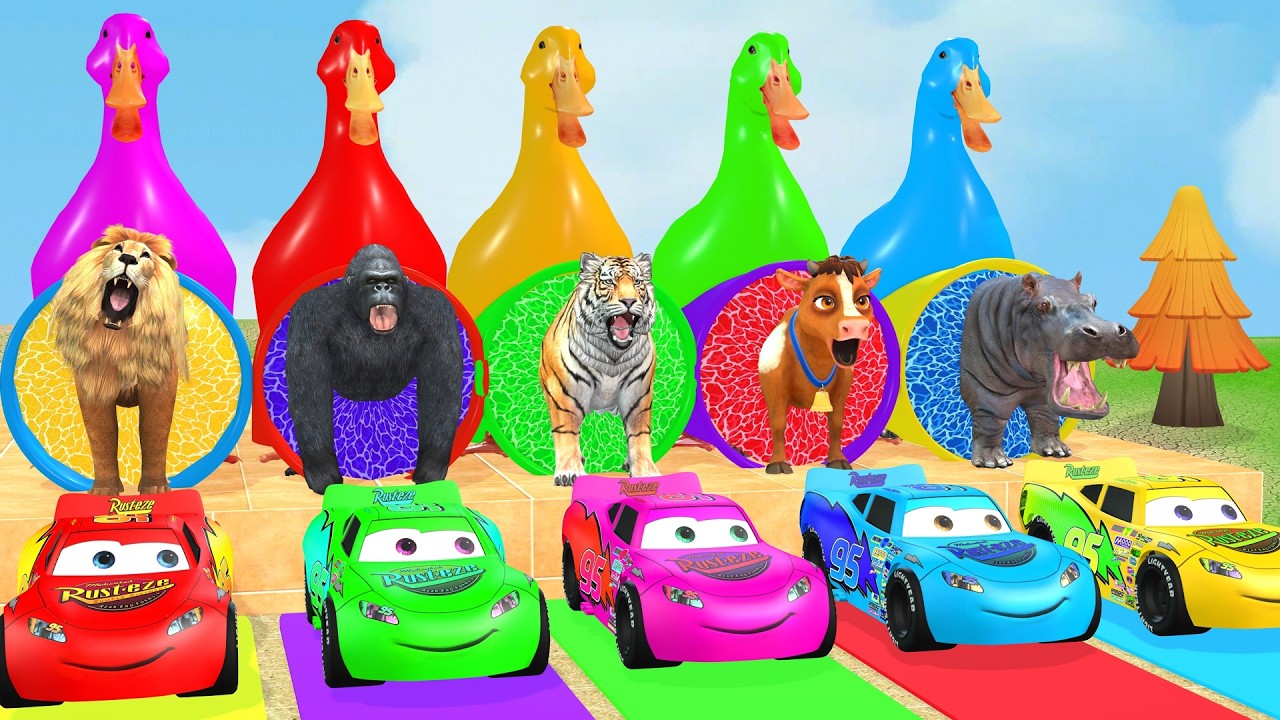 Long Slide Game With Cow Elephant Gorilla Hippopotamus Tiger 3d Animal Game Funny 3d AnimalsVideo