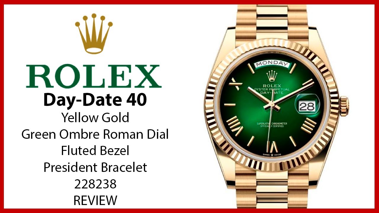 ▶ Rolex Day-Date 40 President, желтое золото, зеленый омбре, римский циферблат, 228238 — ОБЗОР