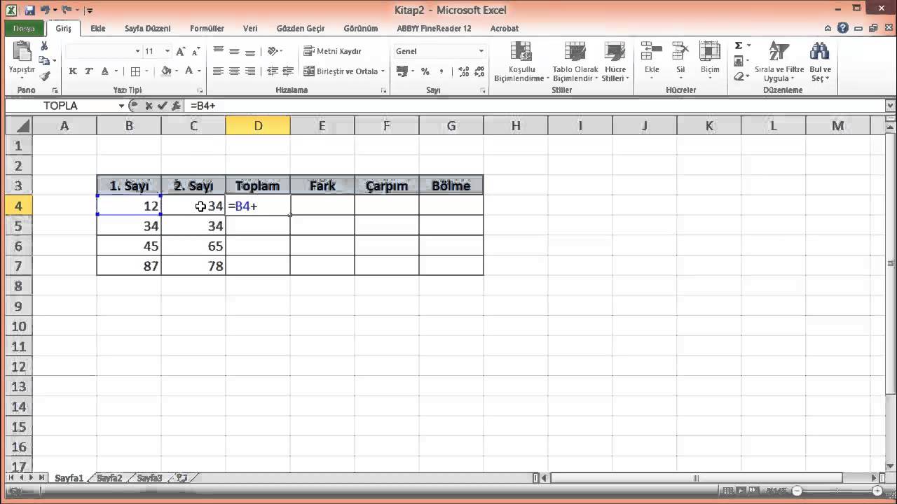 Excel'de Basit Dört İşlem