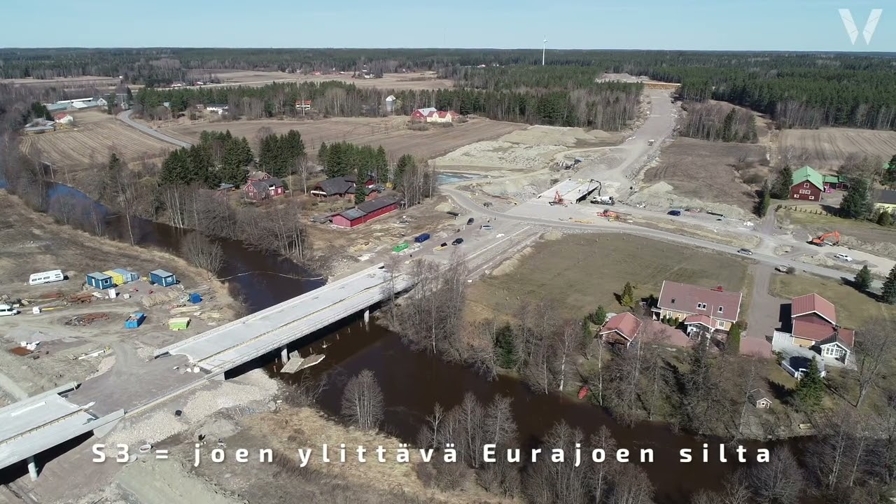 Ilmakuvaa Vt 8 parantaminen Eurajoen keskustan kohdalla -hankkeen etenemisestä, huhtikuu 2022