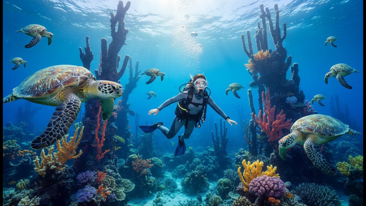 Relaxing Dive in the Great Barrier Reef The Coral Garden - Sea Turtles, Clownfish & The Reef Shark