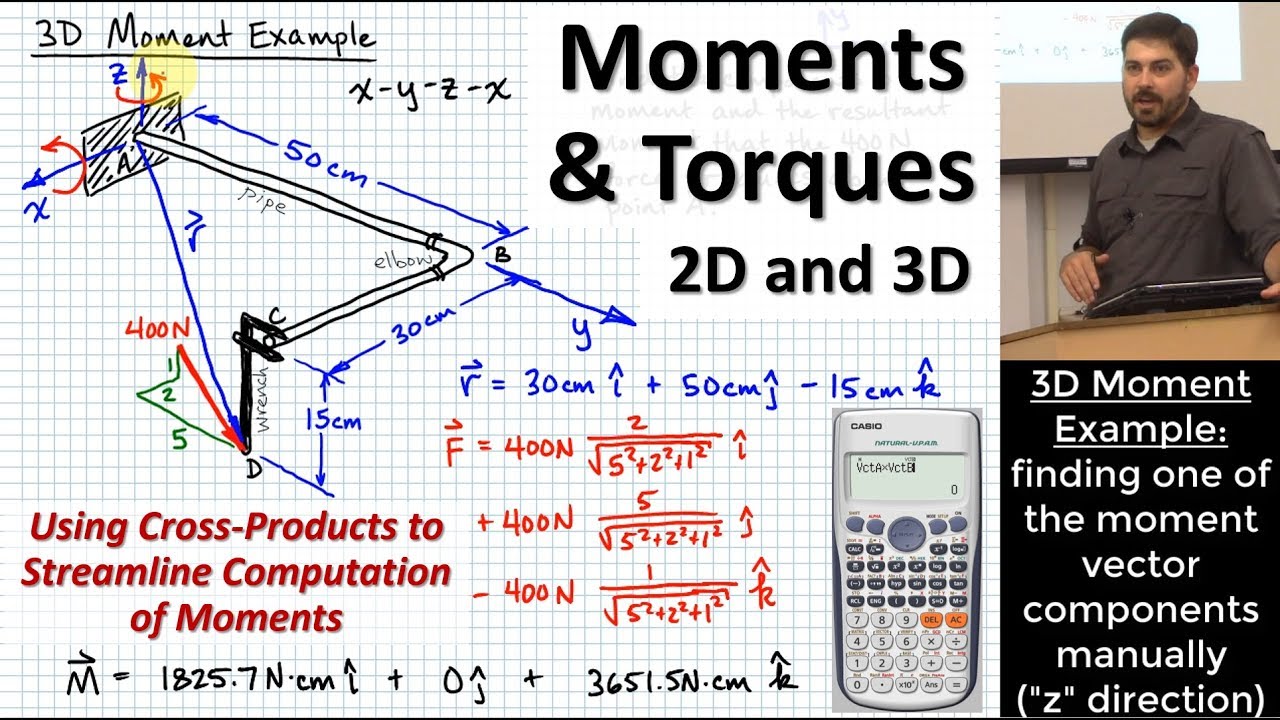 Computing 2D & 3D Moments & Torques | Using Vectors, Cross-Products, and the Casio fx115-ES Plus