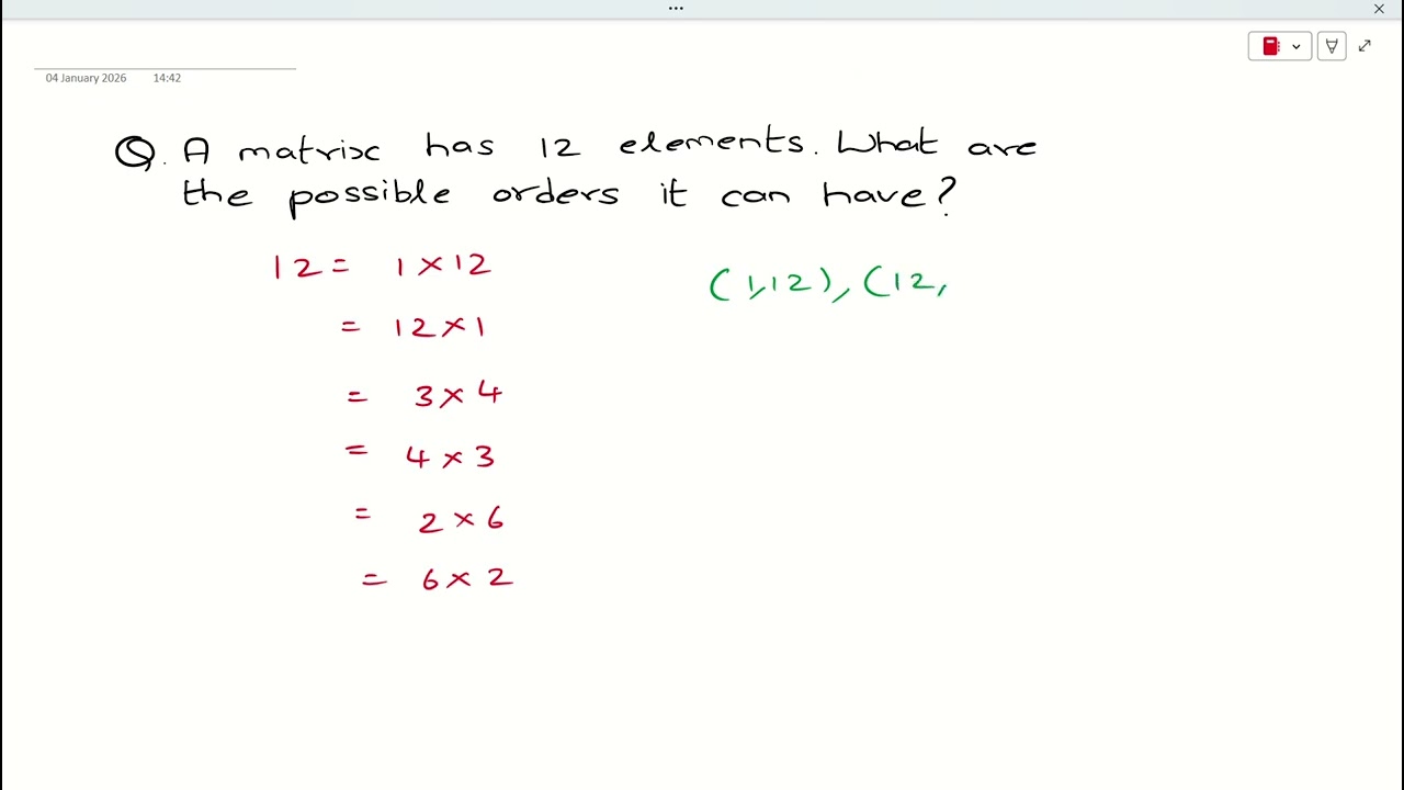 RDS GRADE 12TH EXERCISE 4.1 E.G.1. A matrix has 12 elements. What are possible orders it can have?