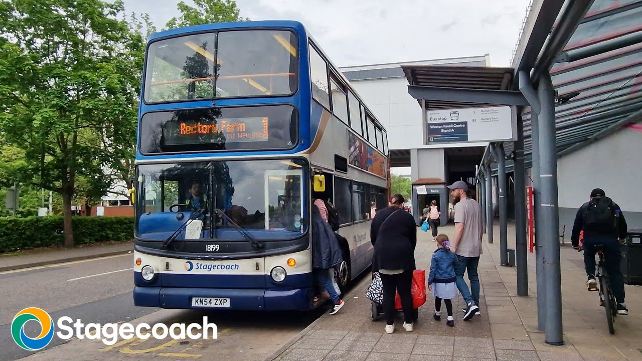Stagecoach ALX400 Northampton route 1 to Weston favell with engine startup. KN54 ZXP 18199