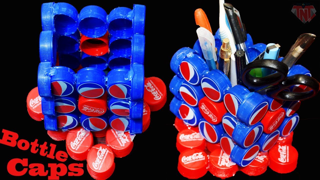 How To Make Pen Holder From Plastic Bottle Caps || DIY Desk Organizer