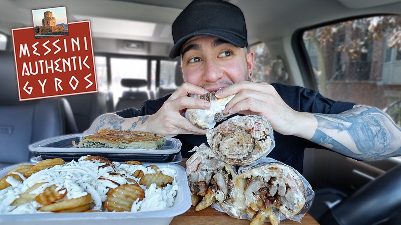 MUKBANG EATING Greek Gyro Wrap + SOUVLAKI Wrap + Spanakopita + GREEK Fries From Messini