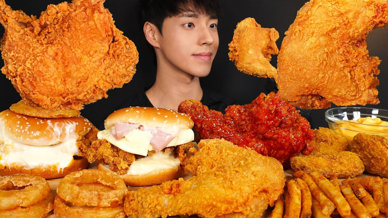 ASMR MUKBANG FRIED CHICKEN & CHEESE CHICKEN BURGER & FRIES & ONION RINGS