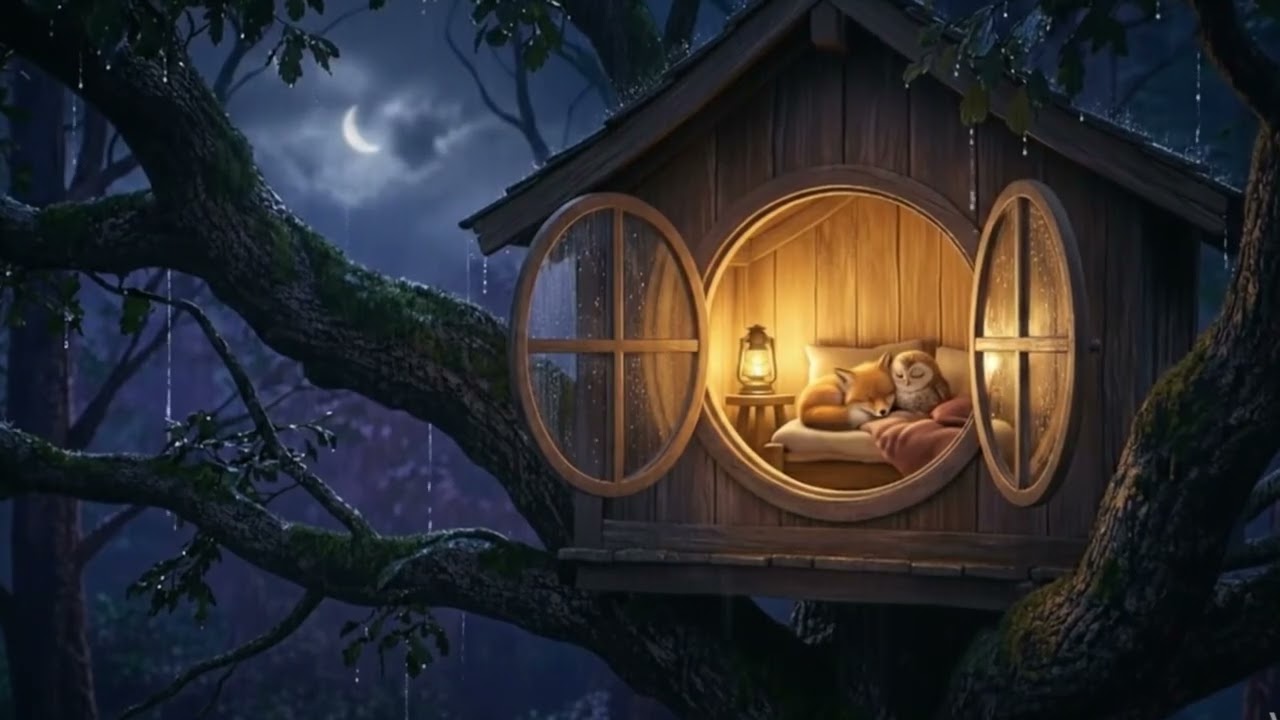 ⛈️1 Hour Cozy Treehouse Rain & Thunder 🌧️ Relaxing Jazz Sleep Music (Fox & Owl)🦉🦊