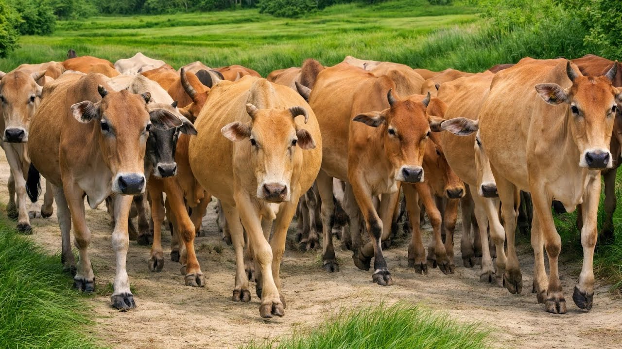 Trending‼️Relaxing Farm Life with Gentle Cows Grazing Near Homes