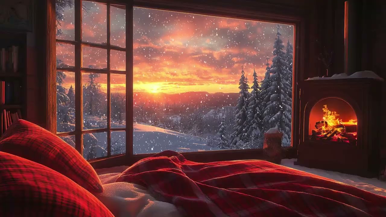 Cozy Cabin Window View at Winter Sunset ❄️ Snowfall Ambience & Fireplace Sounds