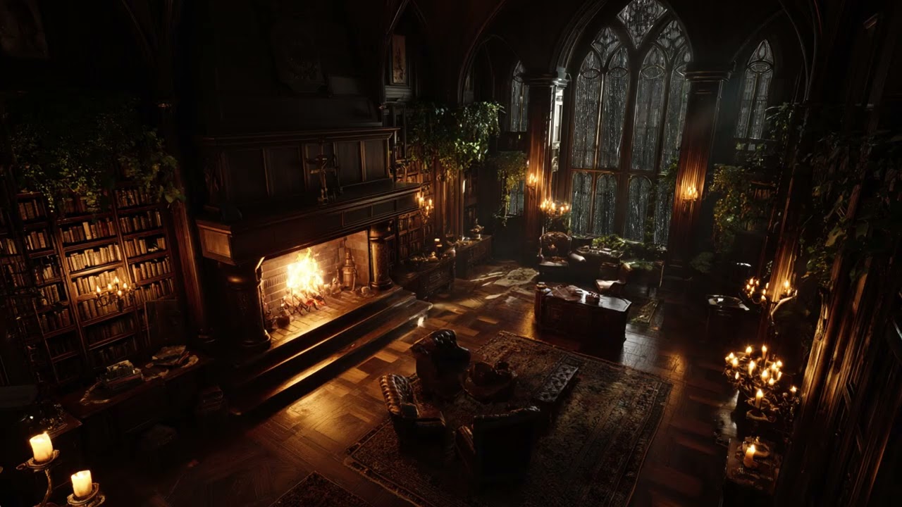 Rain Drizzles Down the Forest Window - Fireplace Crackles & Thunder Rolls Gently for Relaxation