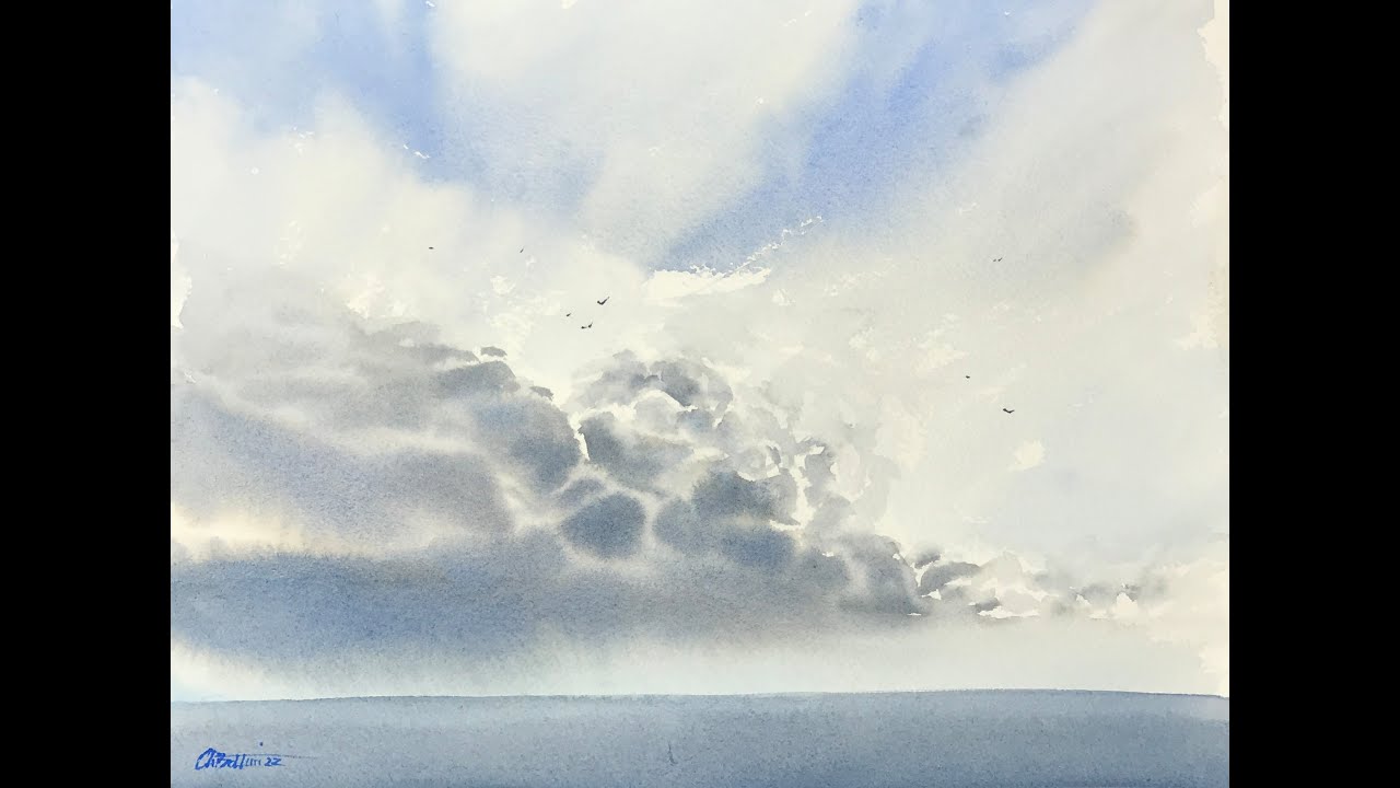 Cloudy sky. Watercolor painting process video. Real speed, paint along!