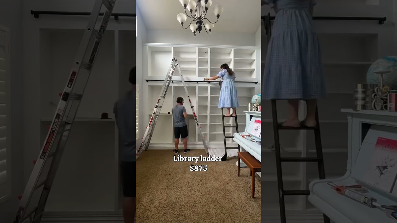 DIY IKEA library wall with a ladder for $2,165&mdash;looks totally custom! #ikeahack #diylibrary