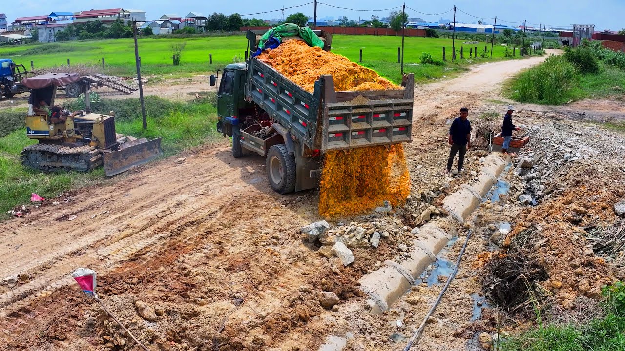 Whole Nice Project Delete Drain Flooded Soil ! Bulldozer Push Stone ,Truck 5Ton Unload Skill Action