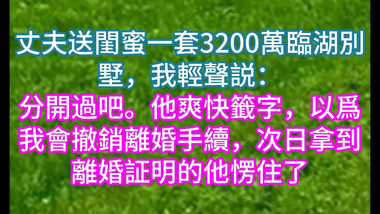 【完結】丈夫送閨蜜一套3200萬臨湖別墅，我輕聲説：分開過吧。他爽快籤字，以爲我會撤銷離婚手續，次日拿到離婚証明的他愣住了