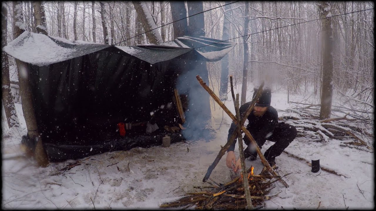 MY FIRST WINTER BUSHCRAFT - Solo Camping Overnight in Snow Storm! (Tarp, Fire & Cooking Steak)