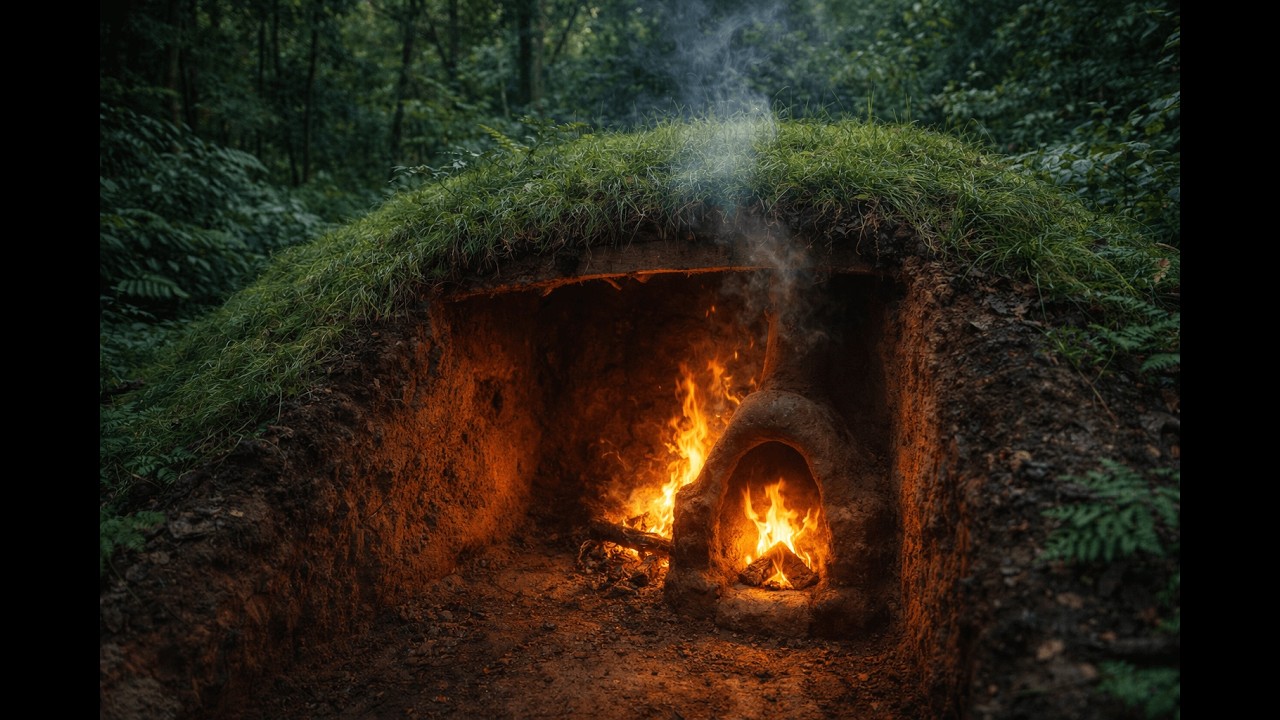Building an Underground Hut with Grass Roof & Clay Fireplace | Jungle Survival Shelter #Survival