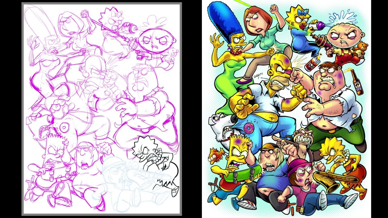 Drawing a tribute to Simpsons and Family Guy in Clip Studio Paint on a Wacom Cintiq.