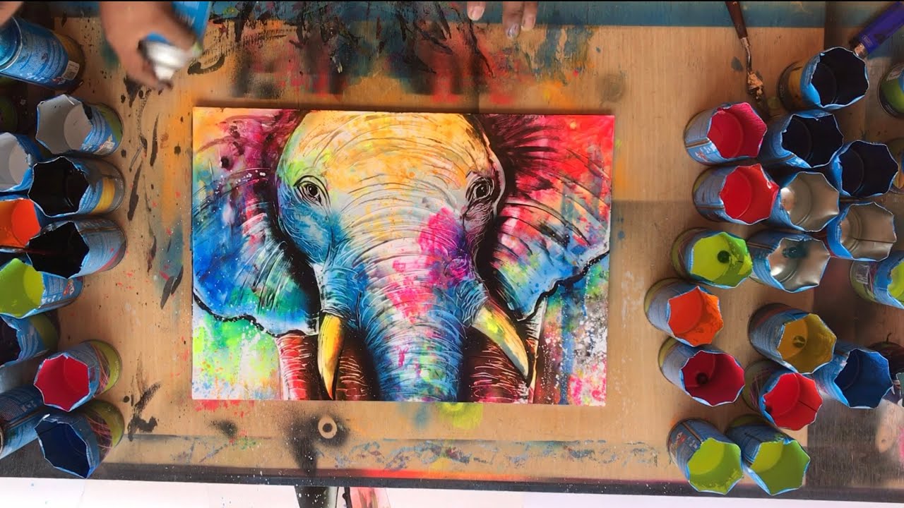 HOW TO PAINT ELEPHANT WITH SPRAY PAINT BRIGHT NEONS COLORS AND SCRATCHES
