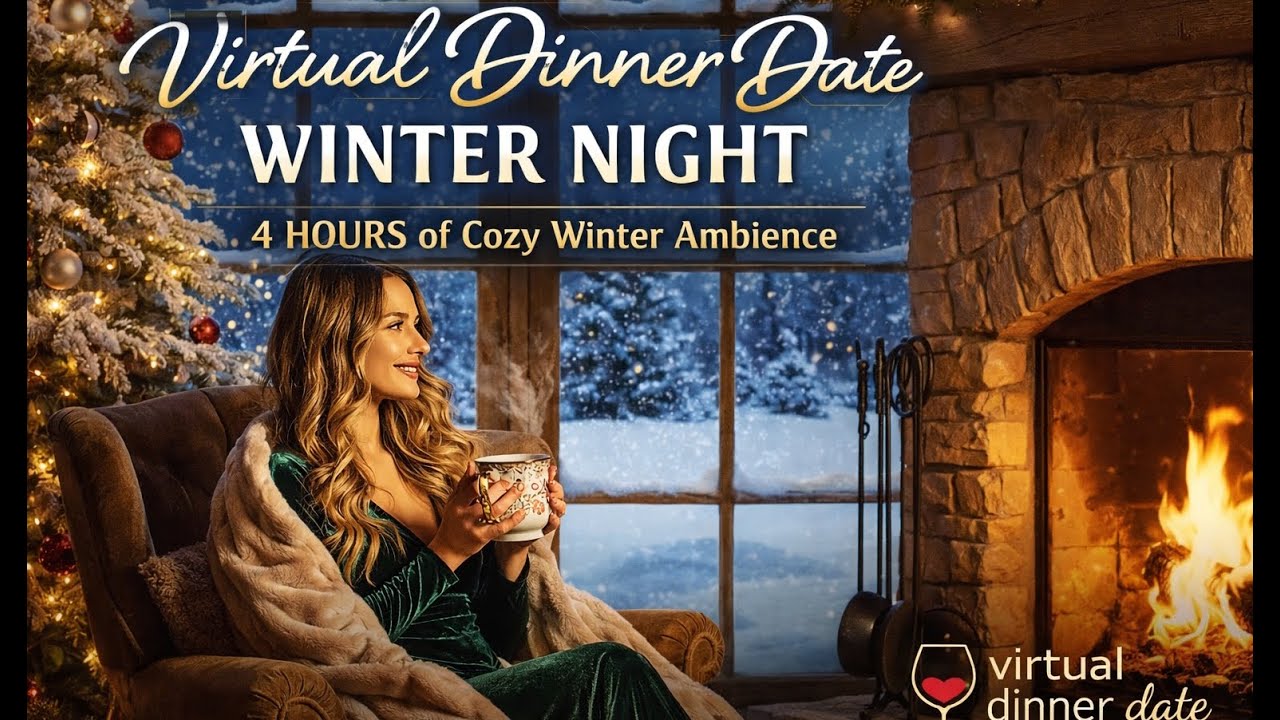 Virtual Dinner Date 🍷 Winter Night in a Cozy Chalet (10 HOURS) | Fireplace & Snow Ambience