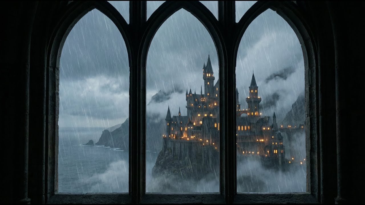 4K Gothic Castle Window Rain Ambience | Fantasy Music