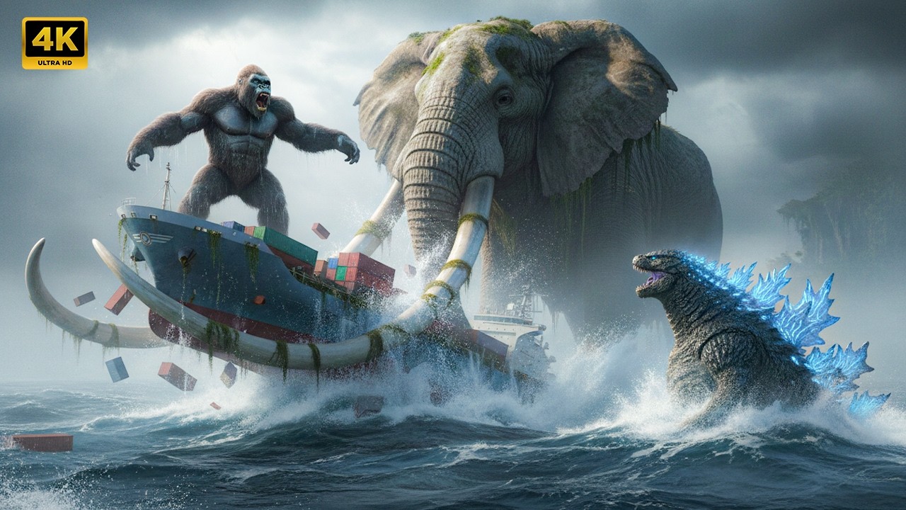 Kong & Giant Elephant vs Godzilla – Epic Ocean Battle on Massive Cargo Ships!