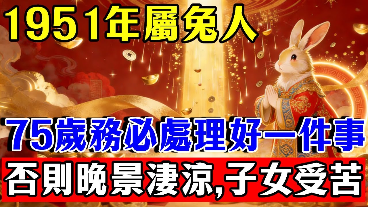 倒計時！1951年辛卯屬兔人，75歲務必處理好「一件事」，否則晚景淒涼，子女跟著受苦！#生肖 #運勢 #命理 #屬相 #風水 #財運 #佛陀 #佛學 #佛法 #佛教 #修行 #智慧 #因果 #佛家