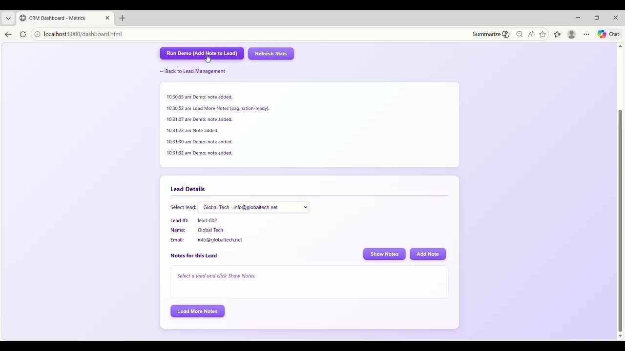 Day 19: Frontend display for notes. Success: Show notes under lead.