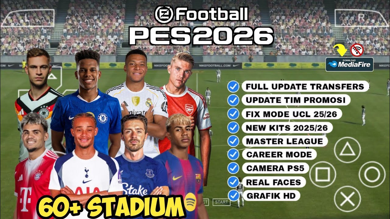 eFootball PES 2026 PPSSPP Android Offline Full Update UCL & League Kits 25/26 Season 4k Graphics