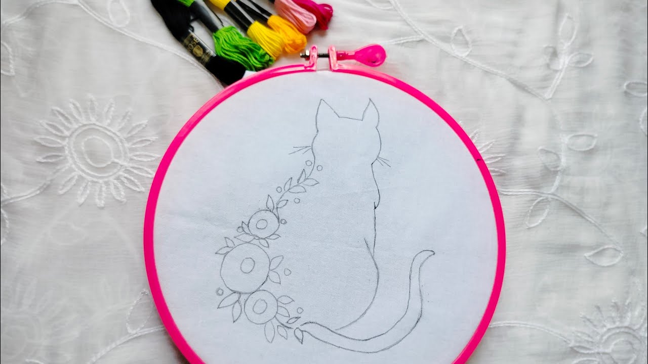 Cute cat and flowers embroidery design || cat embroidery tutorial 