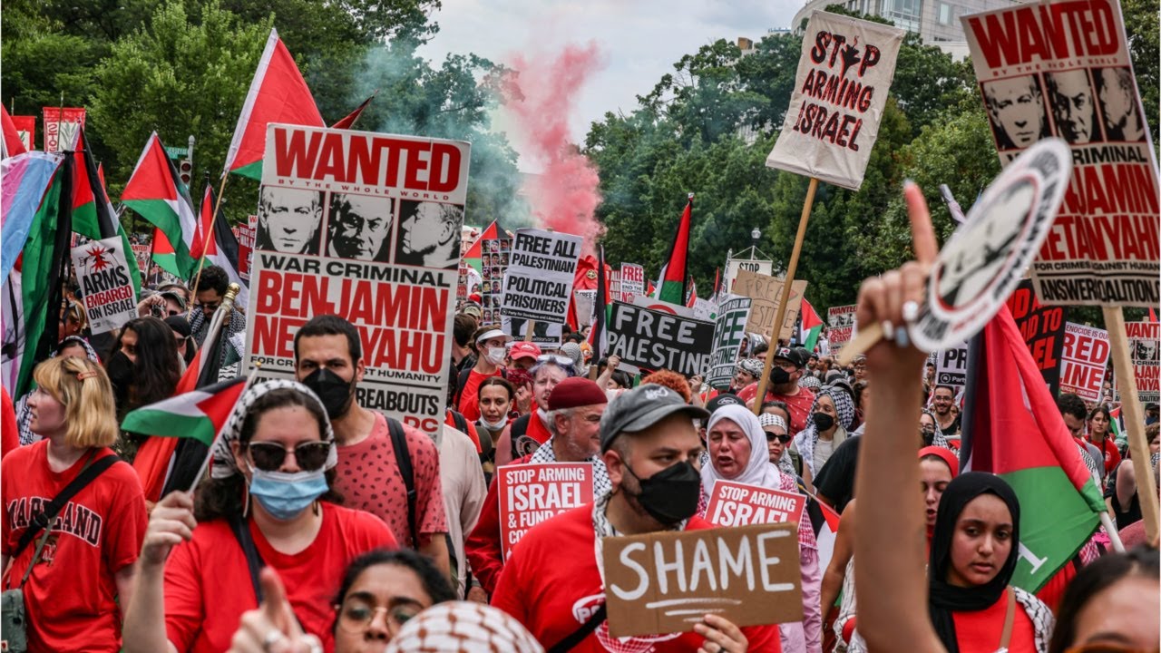 Chaotic scenes as pro-Palestine protesters clash with police and burn American flags