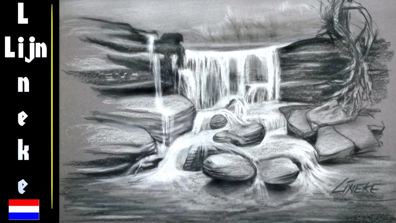 WATERVAL voor beginners Houtskool potlood tekening