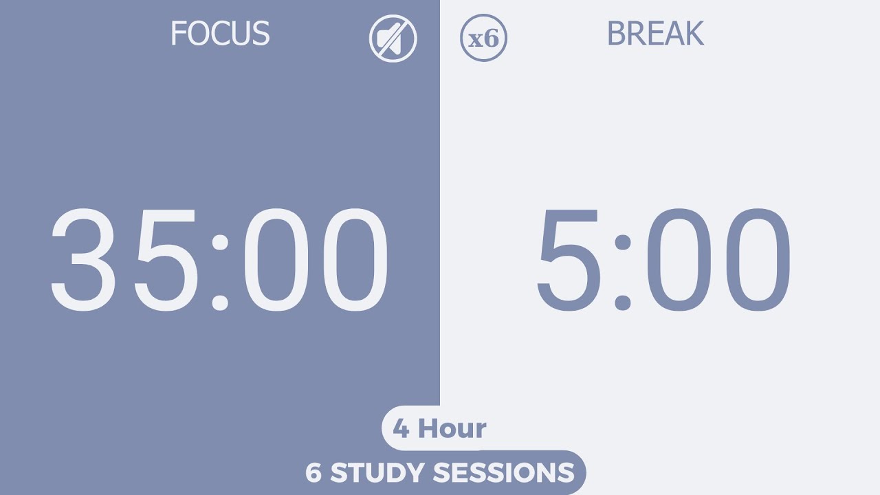 4-Hour Silent Pomodoro Timer (35/5) | No Music | Study, Focus, ADHD, Deep Work