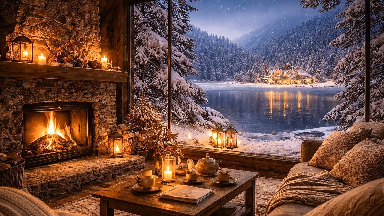 Cozy Fireplace & Snowfall with Relaxing Piano ❄ 3 Hours Winter Cabin Ambience for Sleep | 1080HD