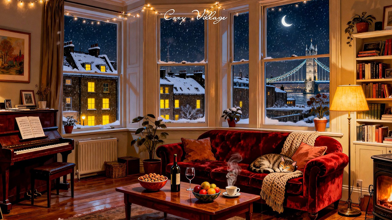 a peaceful night 1950s with oldies playing in another room for relaxation (fireplace)