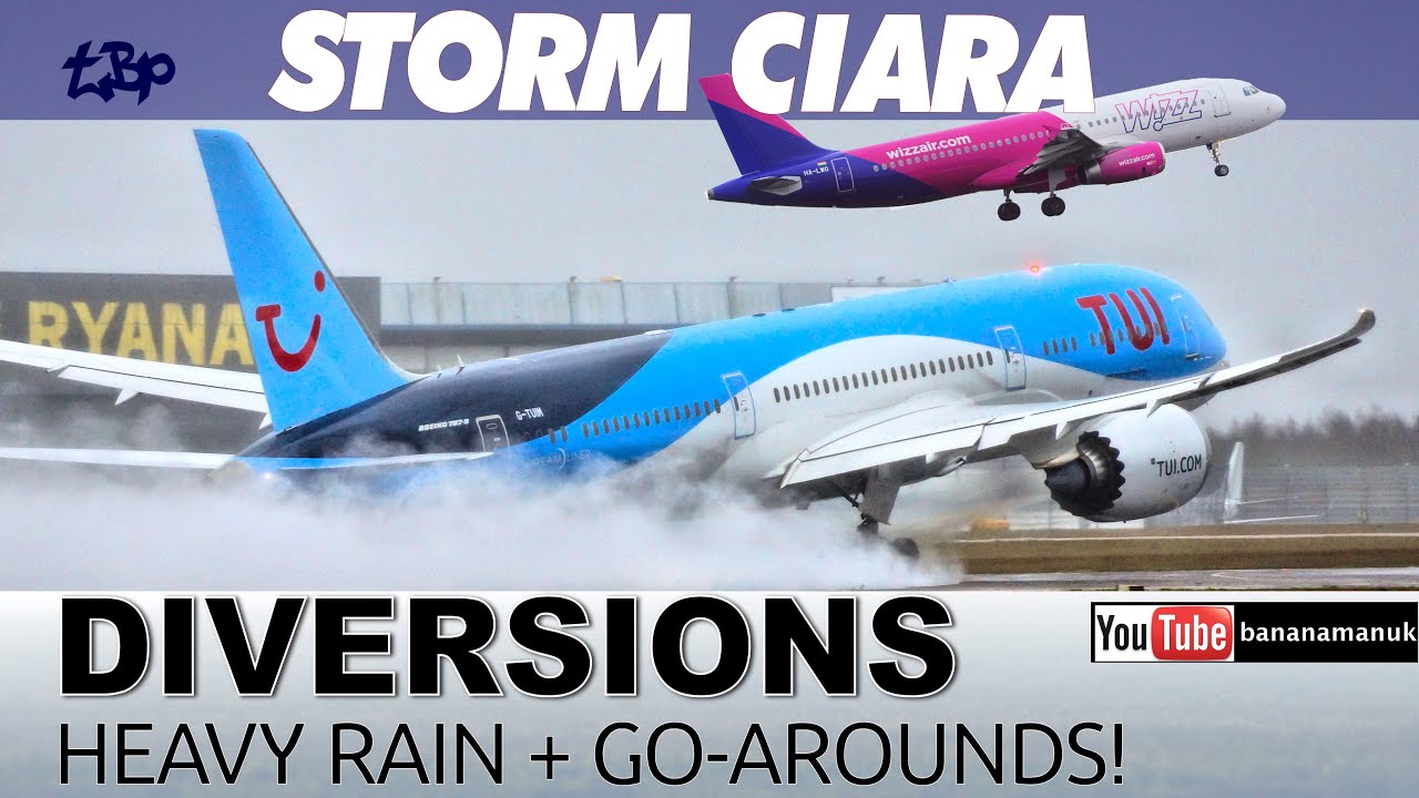 STORM CIARA | Heavy Rain Landings Wet Runway Gale Force Winds Plane Spotting Wizzair, Ryanair, TUI