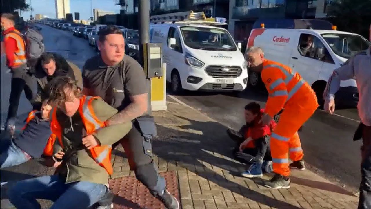 Insulate Britain - protesters and drivers clash (11b) (UK) - ITV News - 4th October 2021