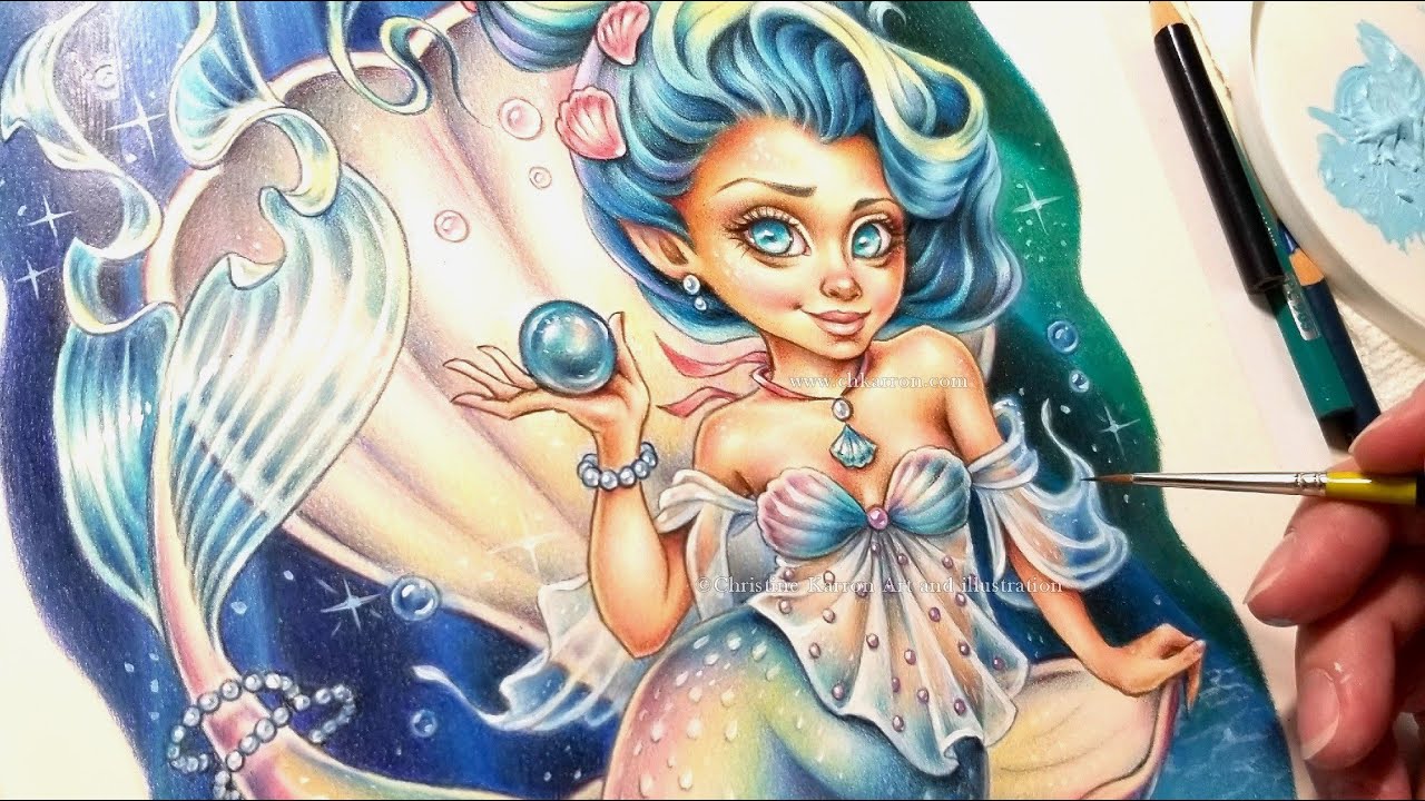 Mermaid's Pearl Wildflower Folk #coloringbook colored pencil #fantasy #illustration Christine Karron