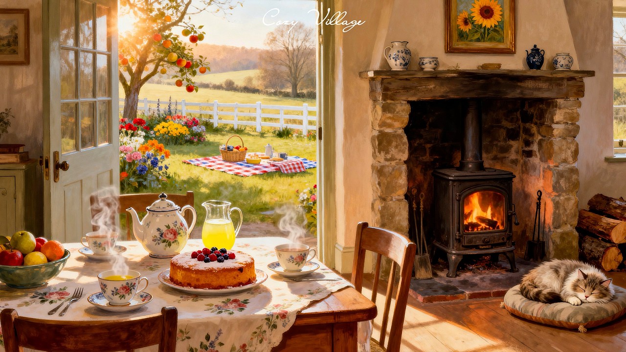 Vintage jazz spring 1940s morning with oldies playing in another room for relax, sleep