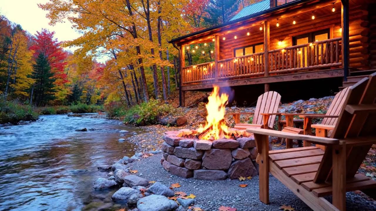 Peaceful Forest Cabin Ambience 🔥 Campfire Night with Soft River Sounds