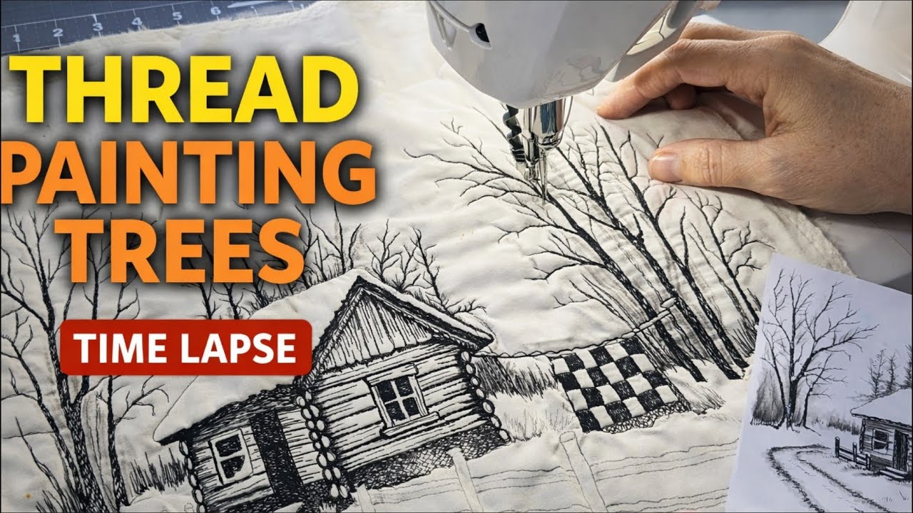 The Cabin  -  Time Lapse Thread Painting, Stitching the Trees with Lisa Capen Quilts
