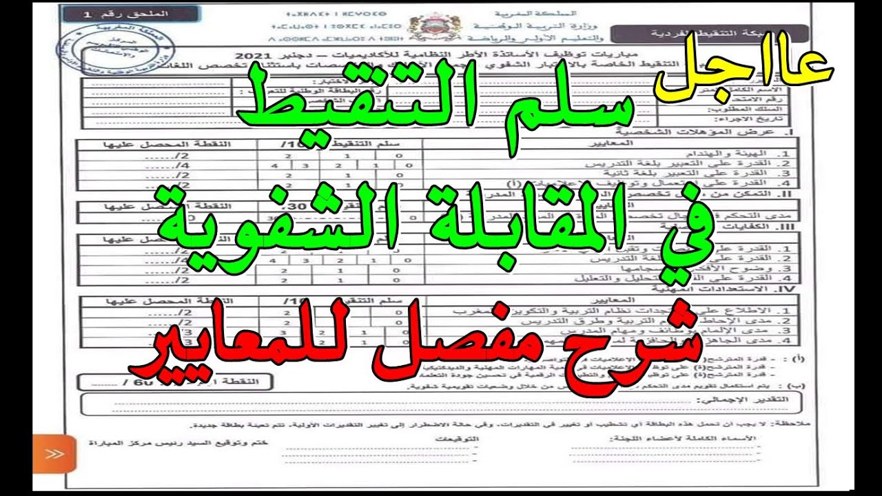 سلم التنقيط في المقابلة الشفوية لمباراة التعليم/ دورة دجنبر 2021.