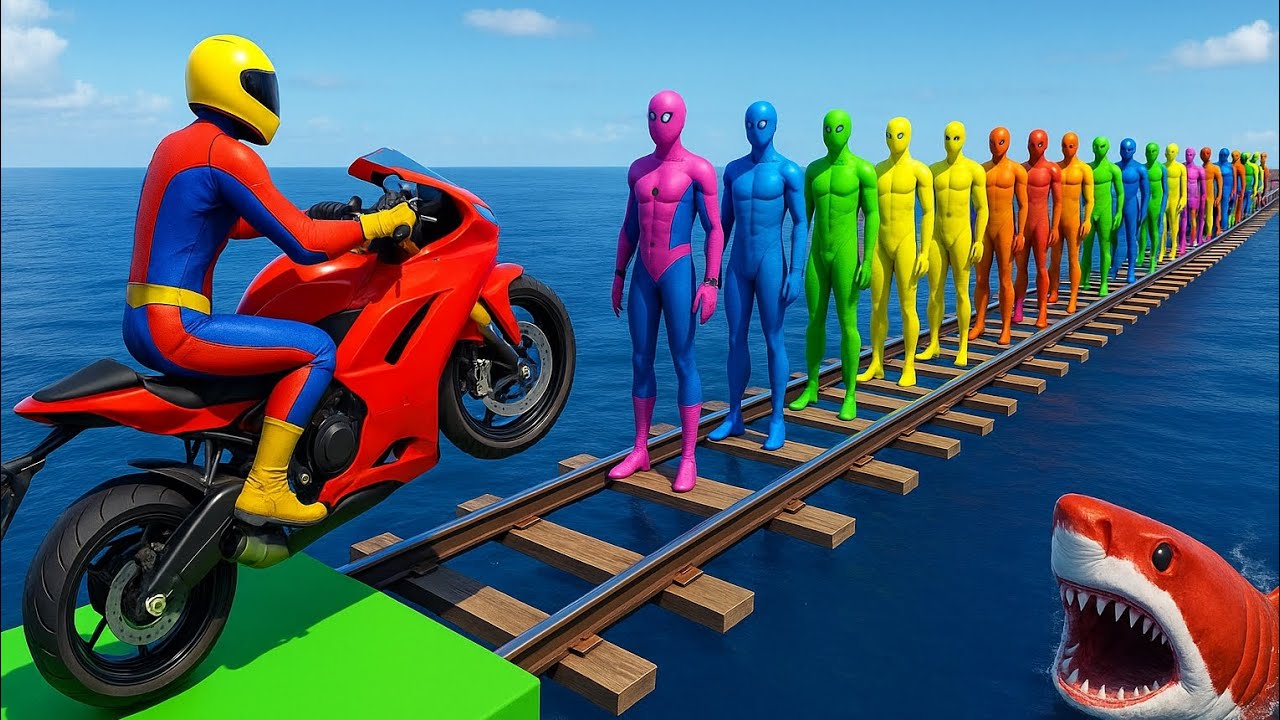 لأبطال الخارقين على القضبان دوامة قمع جسر 🏍️🐱‍SPIDER MAN!on Motorcycle in Spiral Bridge Stunt Rid