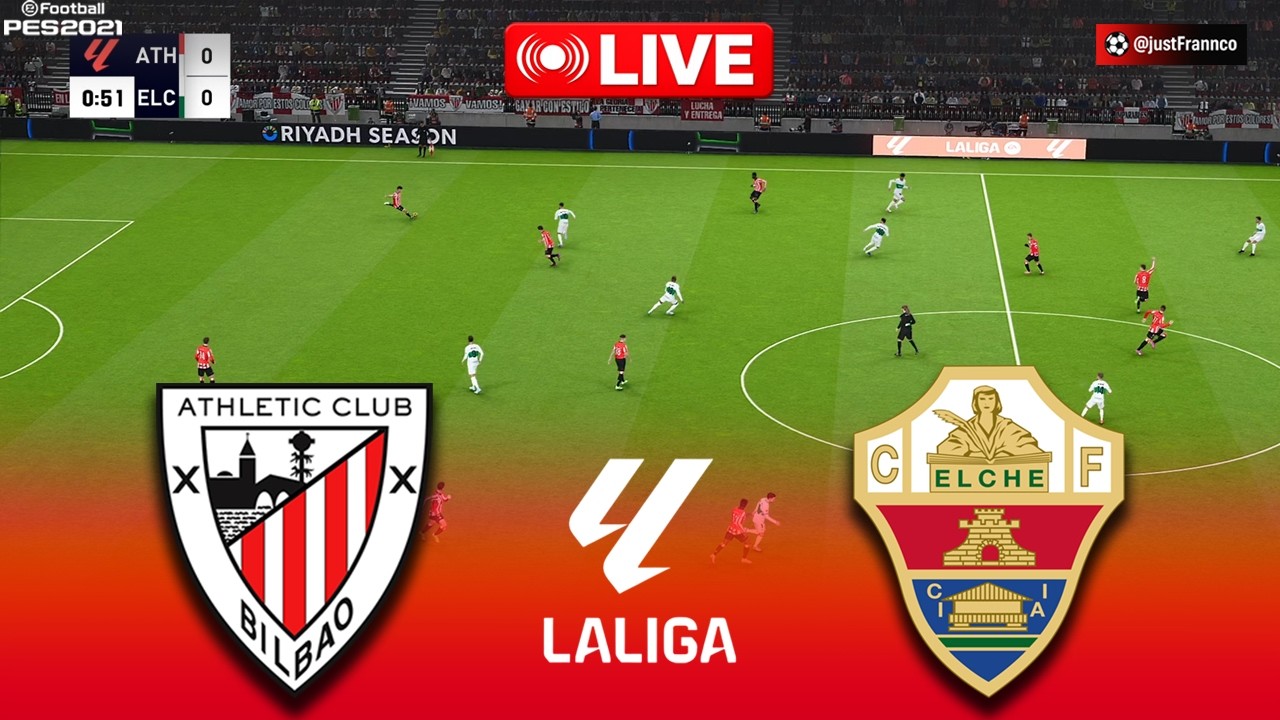 🔴LIVE : Athletic Bilbao vs Elche - La Liga 2025/26 | Pes 21 Simulation Gameplay