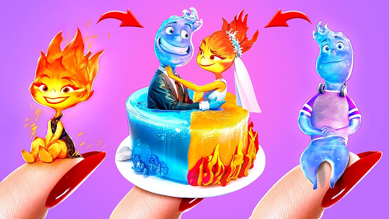 Ember and Wade from Elemental Cake Decorating Idea! Miniature Fire and Water Cake Recipe!