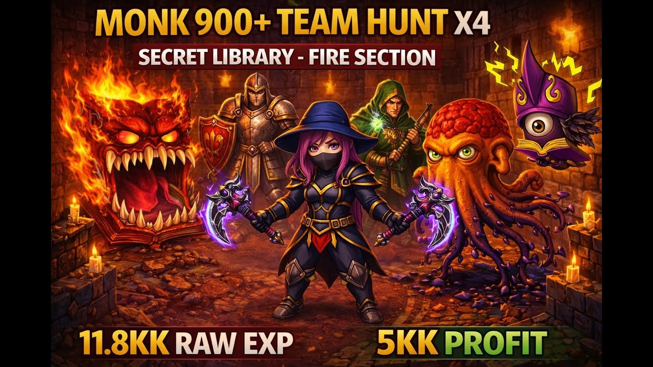 [900+ Monk] Team Hunt X4 – Secret Library Fire Section | 11.8kk Raw EXP • 5kk Profit
