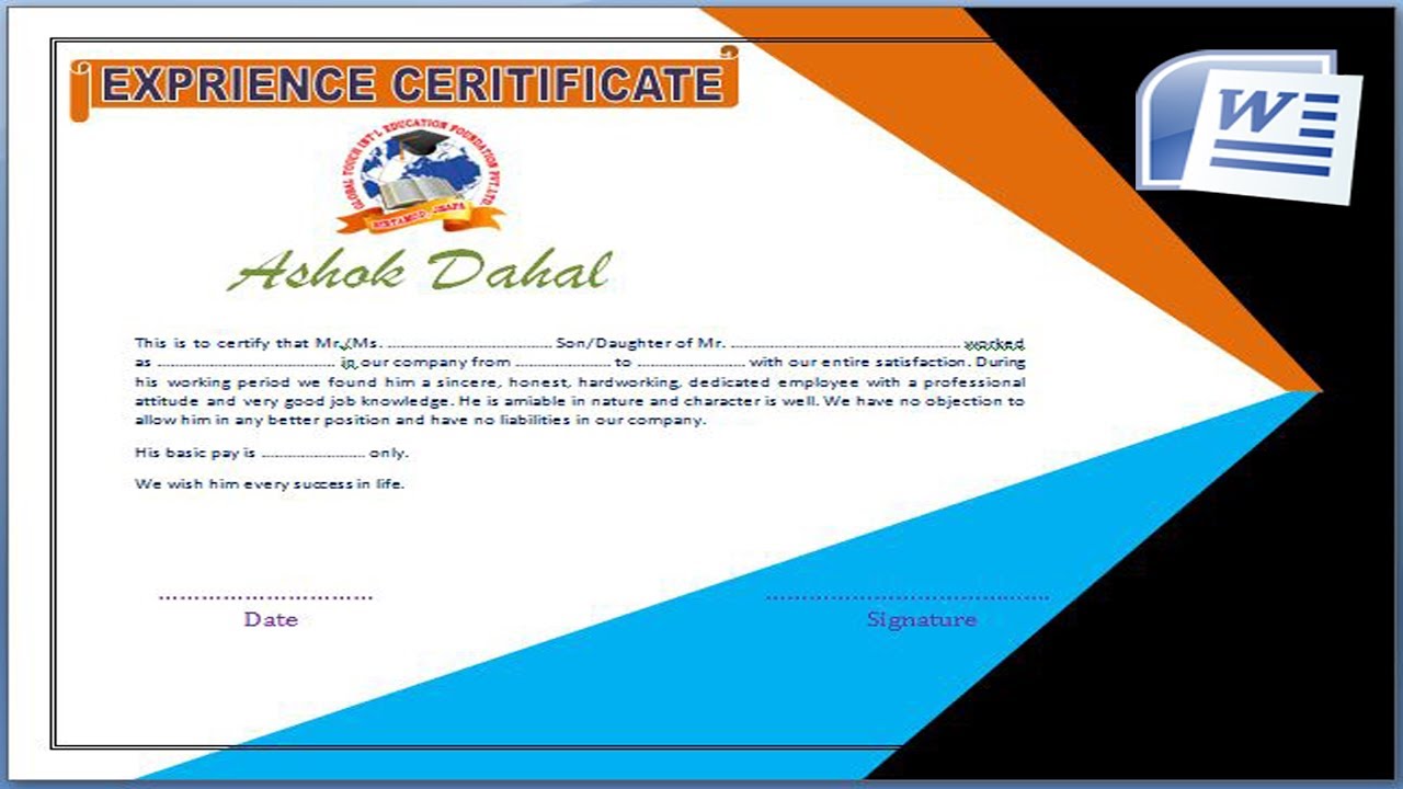 Experience Certificate design in ms word  2018 | Certificate Design | AD Real Tech