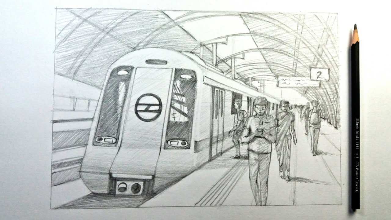 Metro Station in 1 Point Perspective//Composition in Perspective Drawing