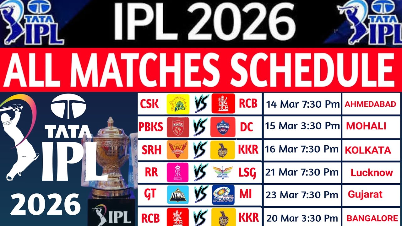IPL 2026 Schedule |IPL 2026 Time Table |2026 IPL Schedule |IPL 2026 Fixture | IPL2026 Match List